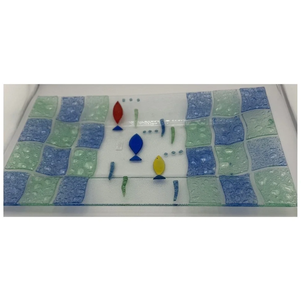 Glass Rectangular Serving Dish With Blue Green Checkered Border and Fish‎ Design